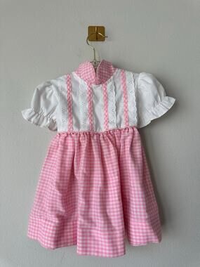 Vintage Kate Greenaway Pink Gingham Eyelet Party Dress Toddler 2T Prairie Dress